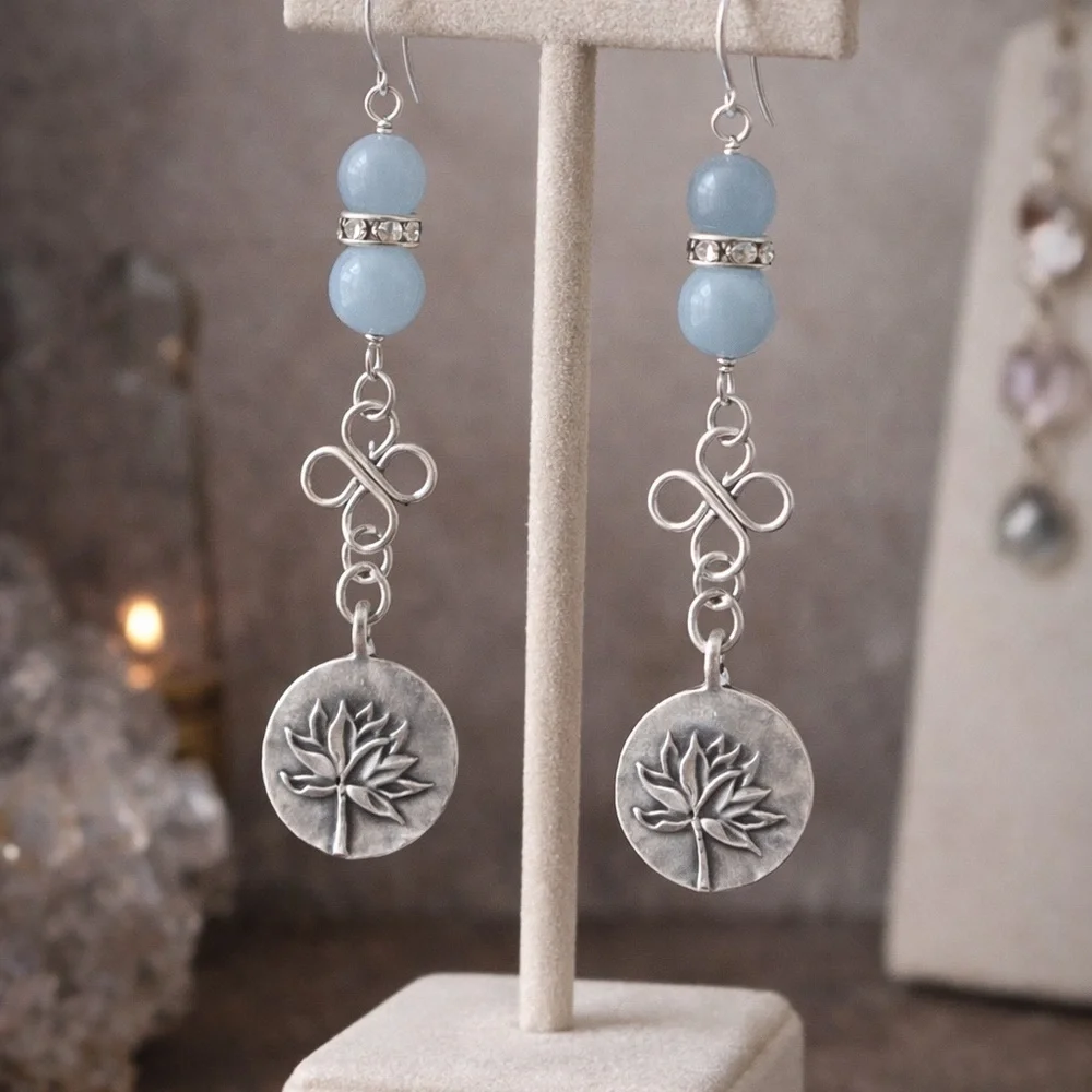 Lotus Rising Aquamarine Gemstone Earrings – Artisan Silver Drop - Picture 2 of 5